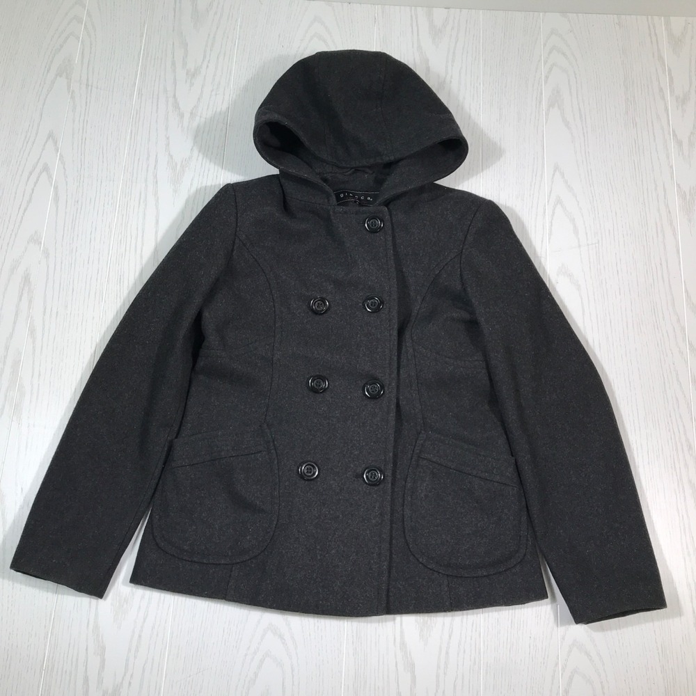 Giacca Pea Coat Womens Medium Gray Wool Blend Button-Up Lined Double Breasted